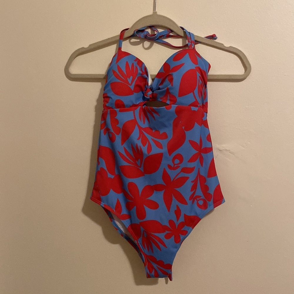 Boden Blue and Red Floral Halter One-Piece Swimsuit